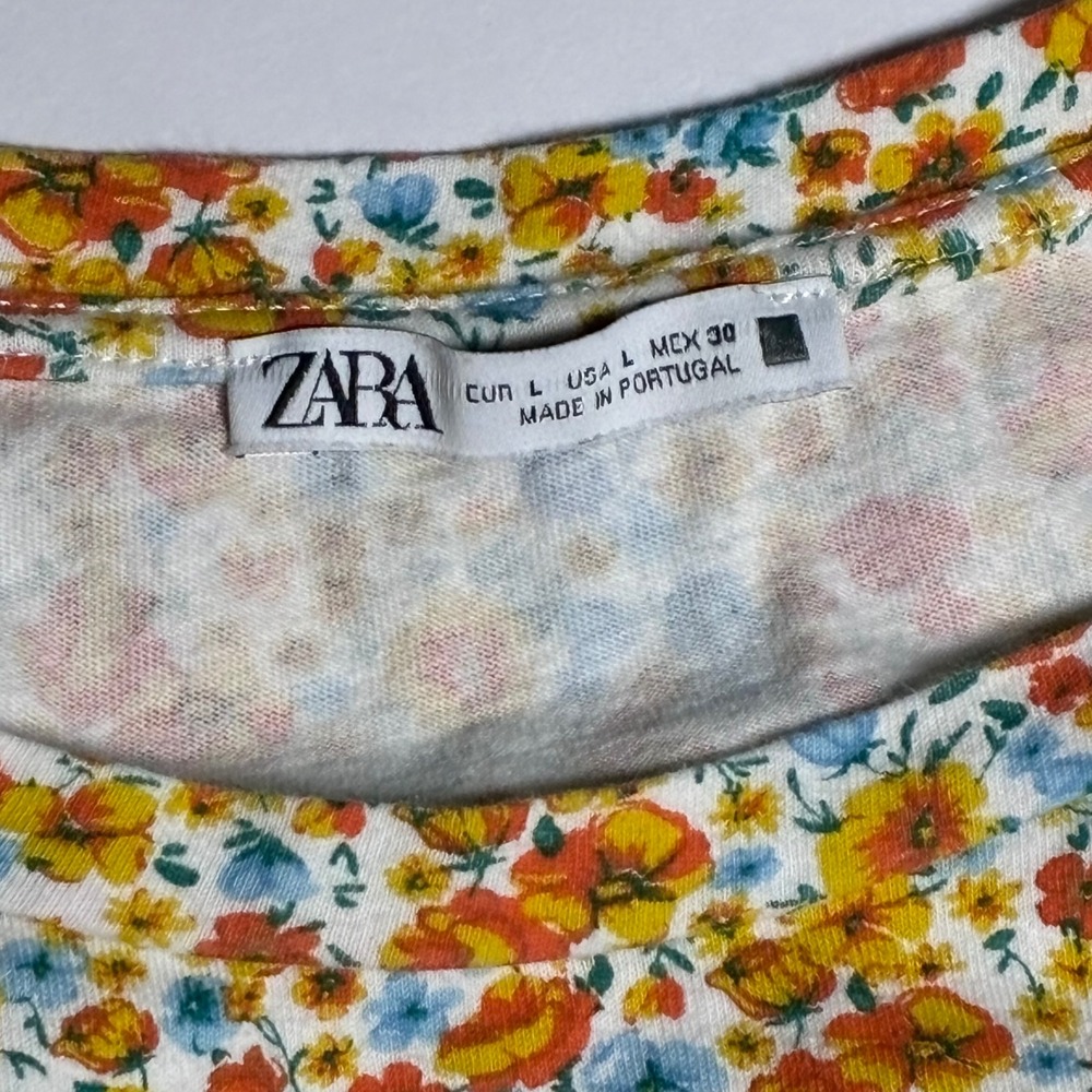 Zara Womens Large Floral Ditsy Print Puff Sleeve Tee Shirt Multicolor Cotton Mix - Picture 4 of 8